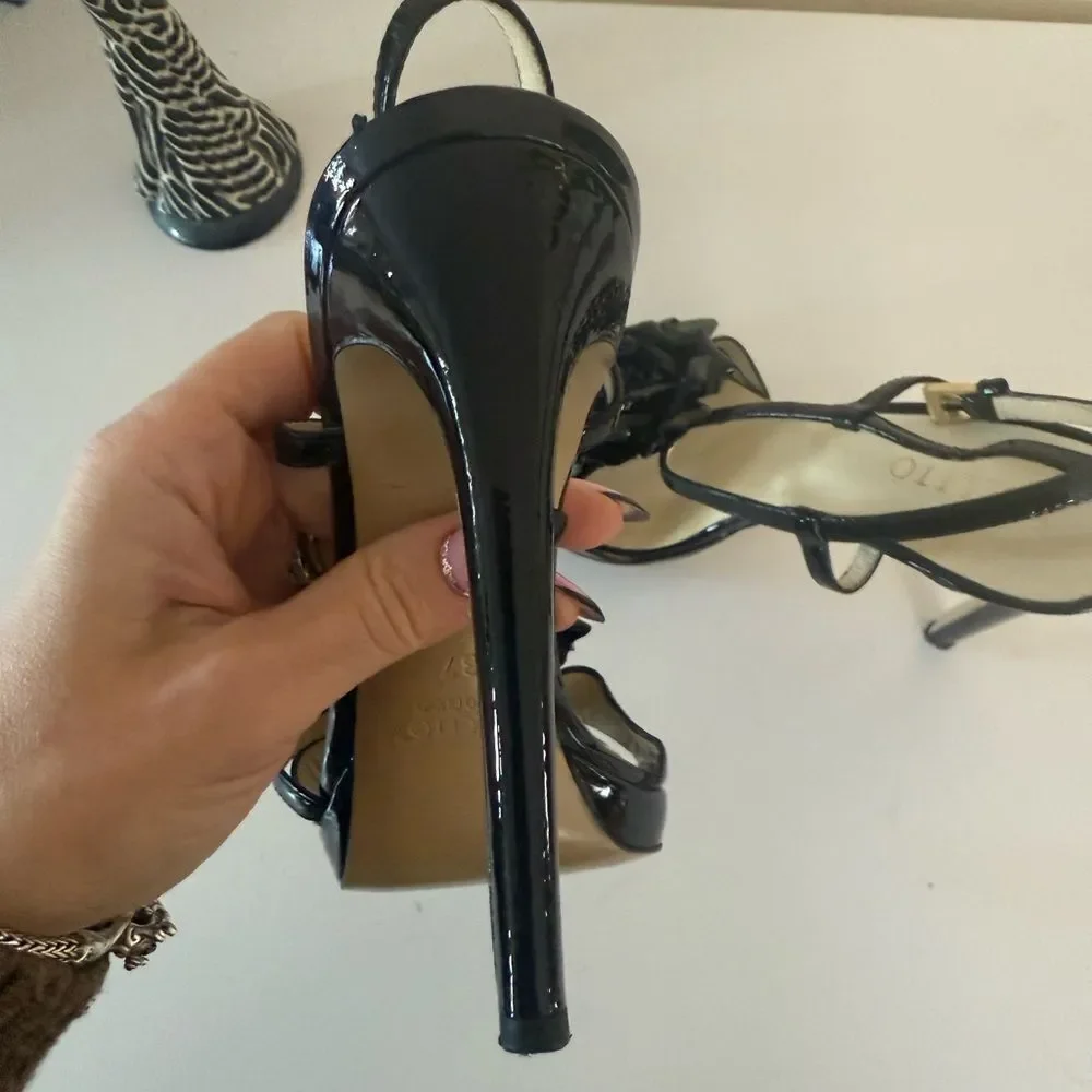 Poletto Black Stiletto Heels with Floral Detail 6 Used Once (like new) see pics